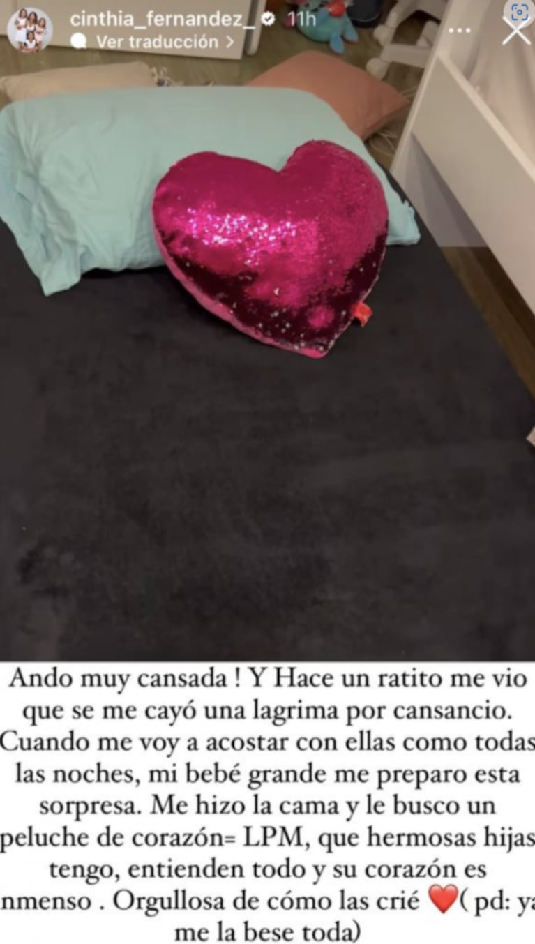 Cinthia Fernández se emocionó por un dulce gesto de su hija: "Vio que se me cayó una lágrima por el cansancio y me preparó esta sorpresa"