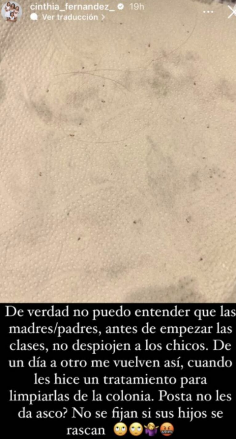 Cinthia Fernández se enojó con quienes no despiojan a sus hijos y los mandan al colegio