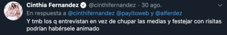 Cinthia Fernández se indignó por las declaraciones de Alberto Fernández: "Qué falta de respeto"