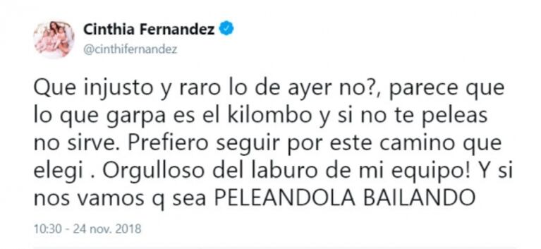 Cinthia Fernández, tras el bajo puntaje en la bachata: "Parece que lo que garpa es el quilombo"