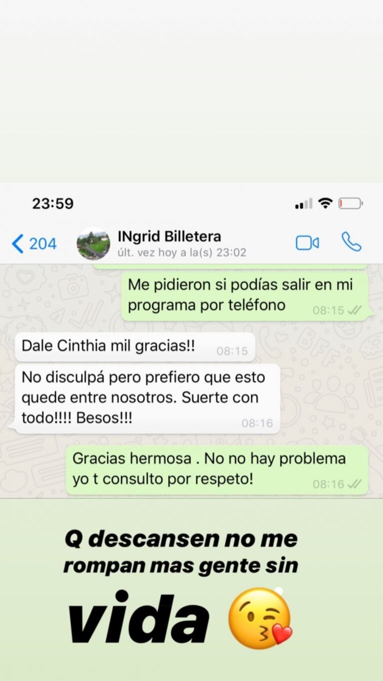 Cinthia Fernández, tras ser cuestionada: "La persona que me devolvió la plata no quiere que suba su foto"