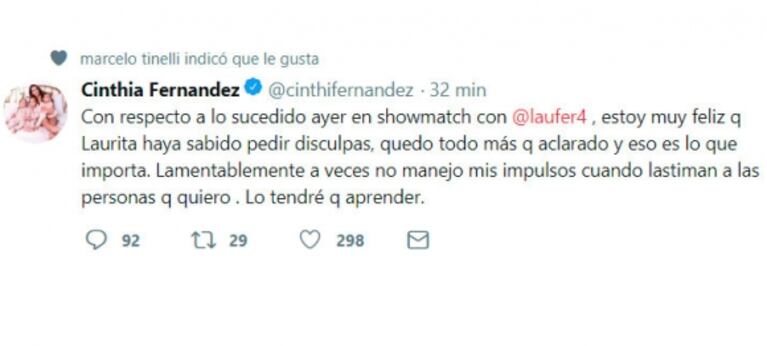 Cinthia Fernández, tras su furia con Laurita: "No manejo mis impulsos, pero estoy feliz con sus disculpas"
