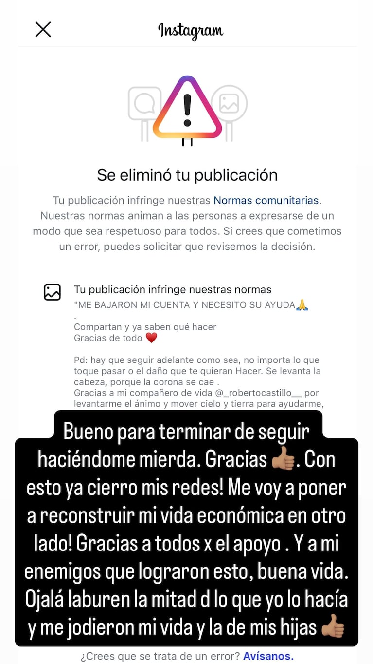Cinthia Fernández y su descargo en Instagram | Crédito: Instagram @cinthia_fernandez_r