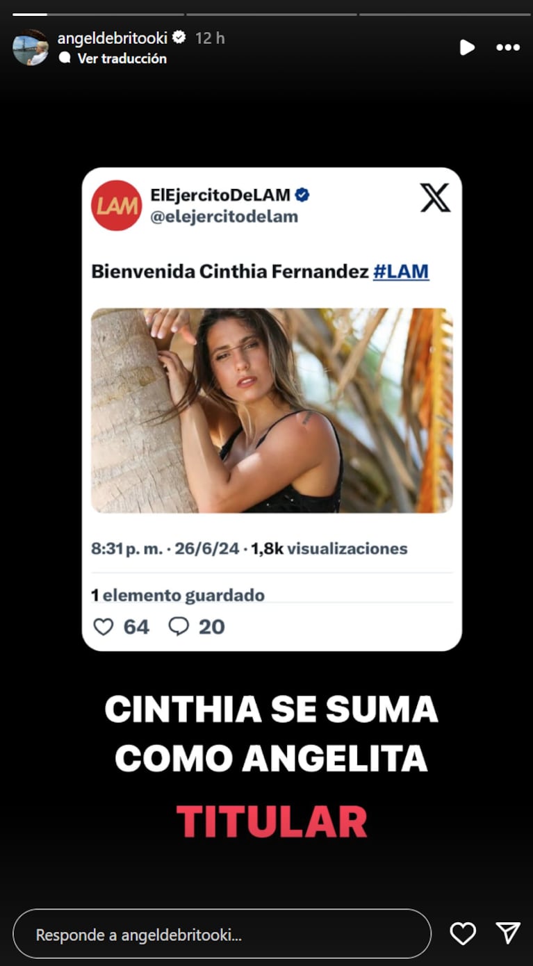 Cinthia se suma a LAM como "angelita" titular.