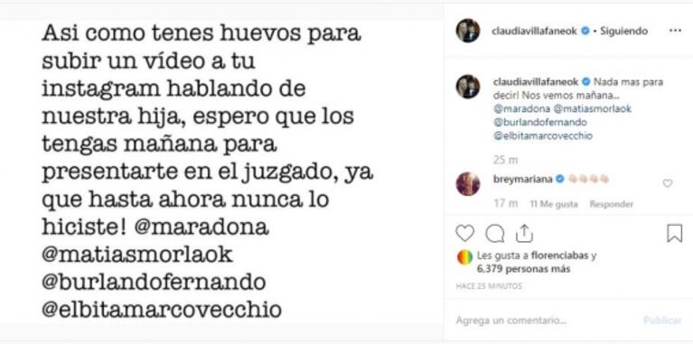 Claudia Villafañe, furiosa con Maradona, defendió a Gianinna: "Así como tenés huevos para hablar de nuestra hija, espero que los tengas mañana"