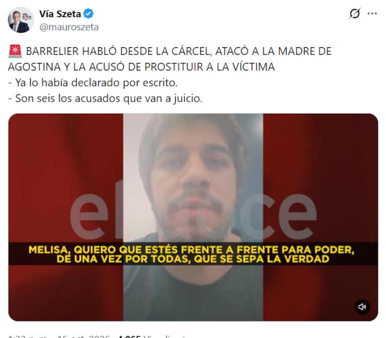 Claudio Barrelier rompió el silencio desde la cárcel (Foto: captura de X/@mauroszeta).