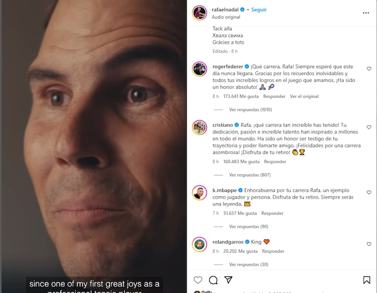 Colegas, otros deportistas y muchas celebrities saludaron a Rafa Nadal en Instagram.