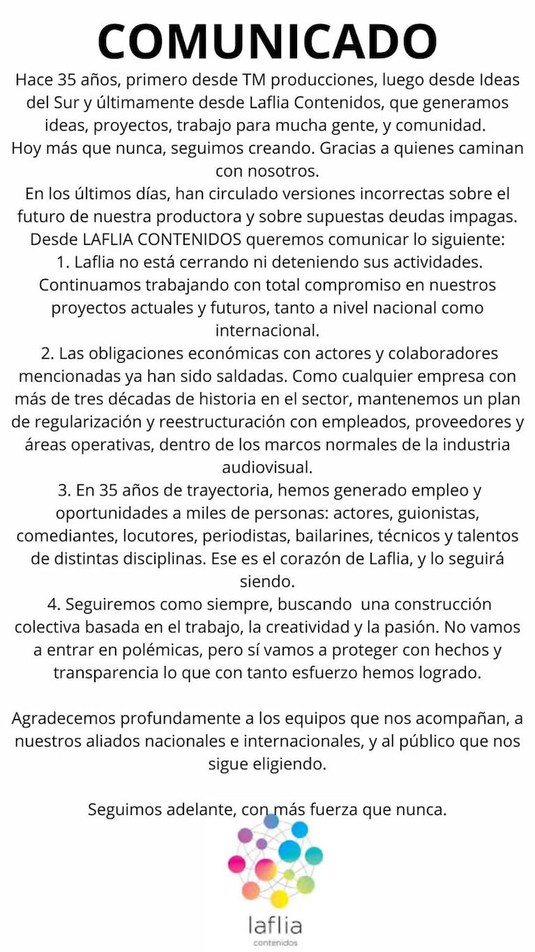 Comunicado de La Flia | Créditos: Instagram @lafliaok