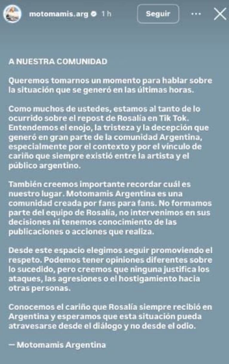 Comunicado de las fans argentinas de Rosalía.