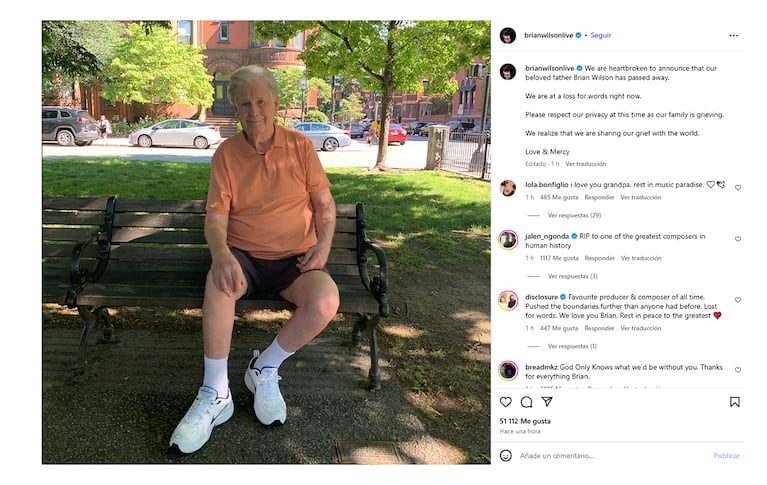 Comunicado de los hijos de Brian Wilson. Captura: Instagram @brianwilsonlive