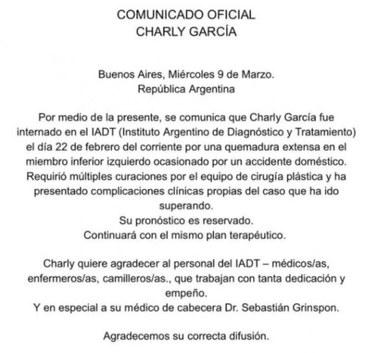 Comunicado oficial sobre la salud de Charly García, internado hace dos semanas: "Sufrió una quemadura extensa"