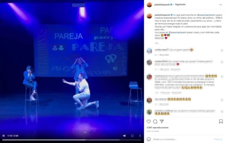 Con la complicidad del Pelado López, un espectador le propuso casamiento a su pareja en medio de su show: "Él me contactó por redes y me pareció una hermosa idea"