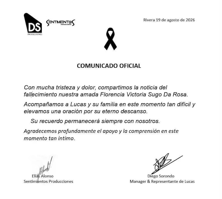 Conmoción en el mundo de la música: falleció Florencia, la hija del cantante uruguayo Lucas Sugo. Crédito: Instagram