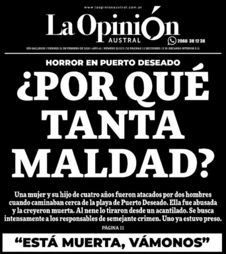 Conmocionante tapa del diario de Santa Cruz tras el aberrante asesinato de un niño de 4 años y la violación de su madre: "¿Por qué tanta maldad?"