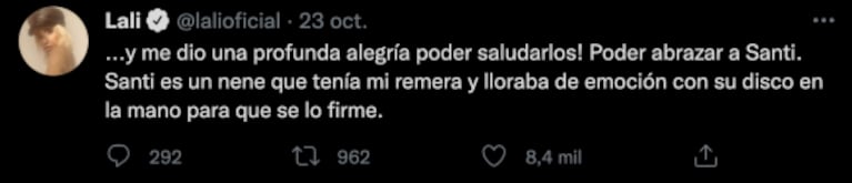 Conmovedor mensaje de Lali Espósito a un fan que la abrazó llorando emocionado: "No me acostumbro" 