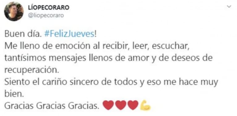 Conmovedor mensaje de Lío Pecoraro, tras contar que tiene leucemia: "Siento el cariño y eso me hace muy bien"