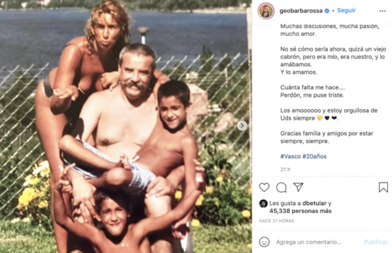 Conmovedor posteo de Georgina Barbarossa por el aniversario del asesinato del Vasco: "Lo extraño cada día más"