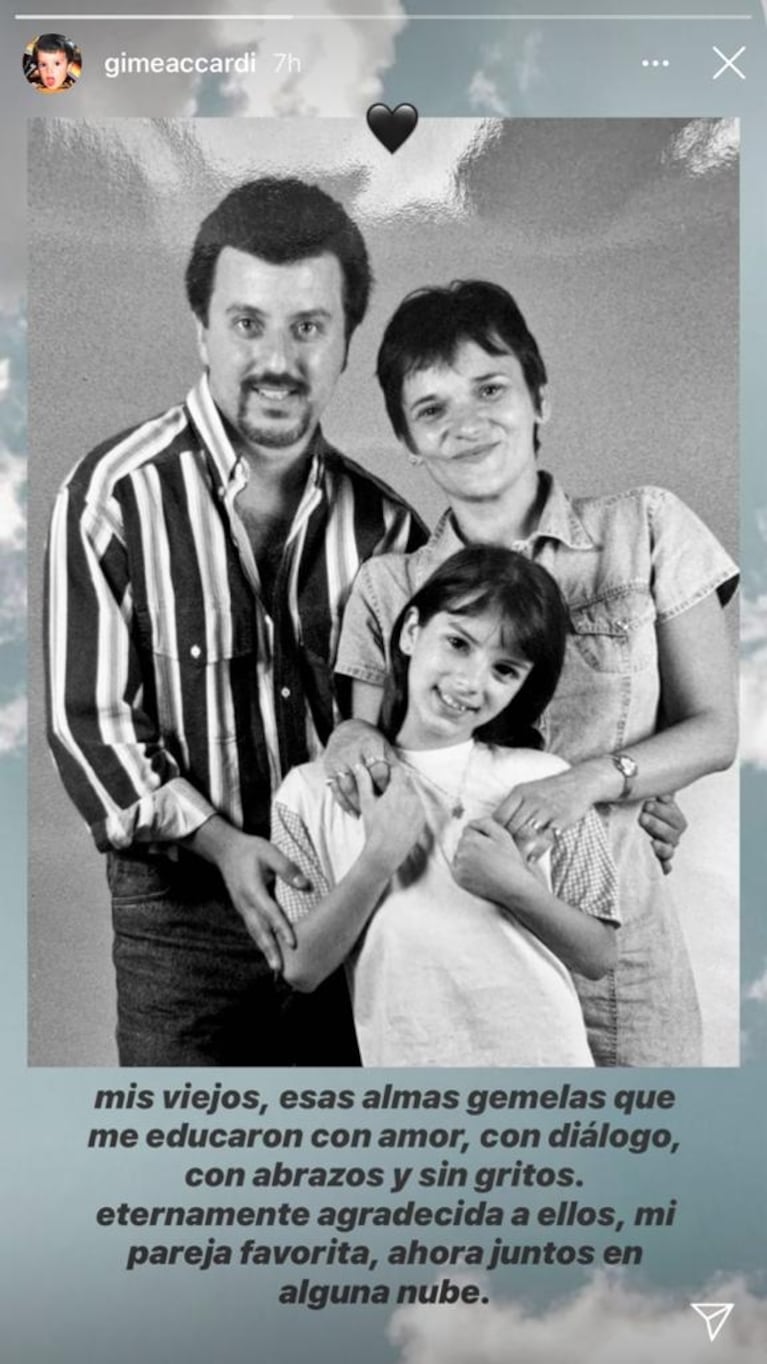 Conmovedor posteo de Gimena Accardi sobre sus padres, tras la muerte de su papá: "Ahora juntos en alguna nube"