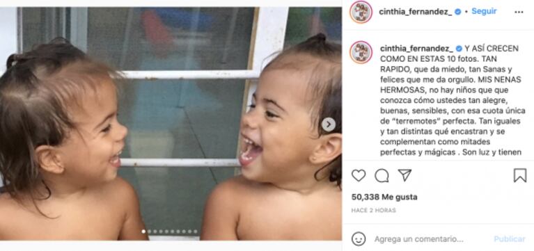 Conmovedora carta de Cinthia Fernández a sus gemelas por su cumple: "Tan iguales y tan distintas"