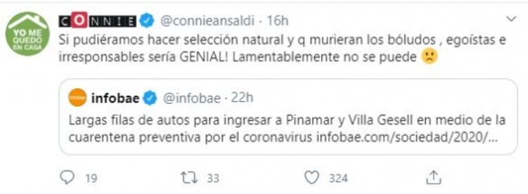 Connie Ansaldi, furiosa con los que no respetan la cuarentena: "Si pudiéramos hacer selección natural, sería genial"