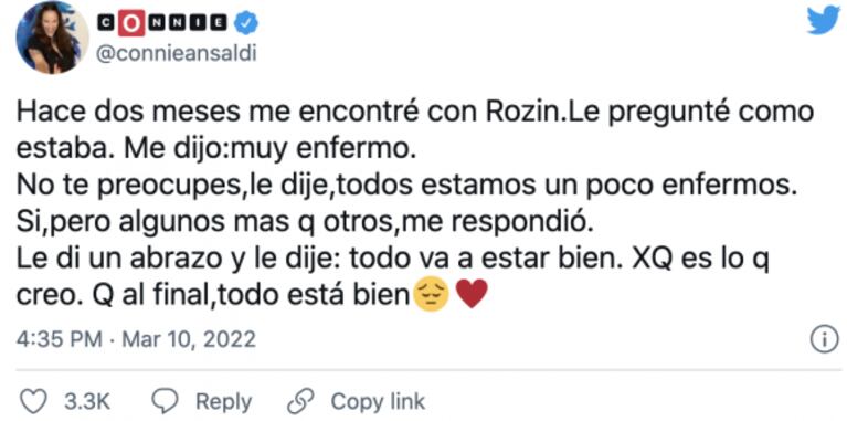 Connie Ansaldi habló de su último encuentro con Gerardo Rozín: "Le di un abrazo y le dije 'todo va a estar bien'"