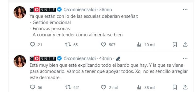 Connie Ansaldi opinó tras la asunción de Javier Milei. (Foto: Captura X /connieansaldi)