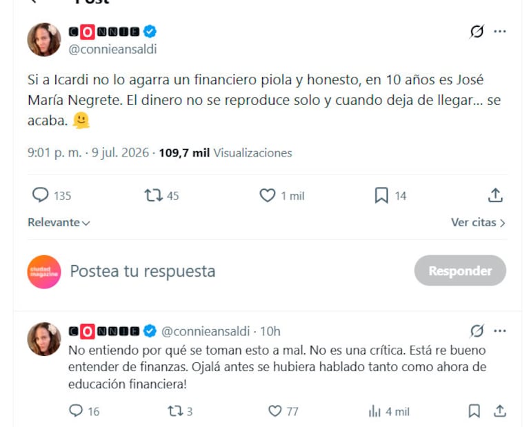 Connie Ansaldi sorprendió con un fatal pronóstico sobre el futuro económico de Mauro Icardi (capturas de X)