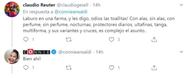 Connie Ansaldi y su divertido tweet sobre los hombres y las toallitas femeninas:  "¡Increíble las cosas insólitas con que regresan!"