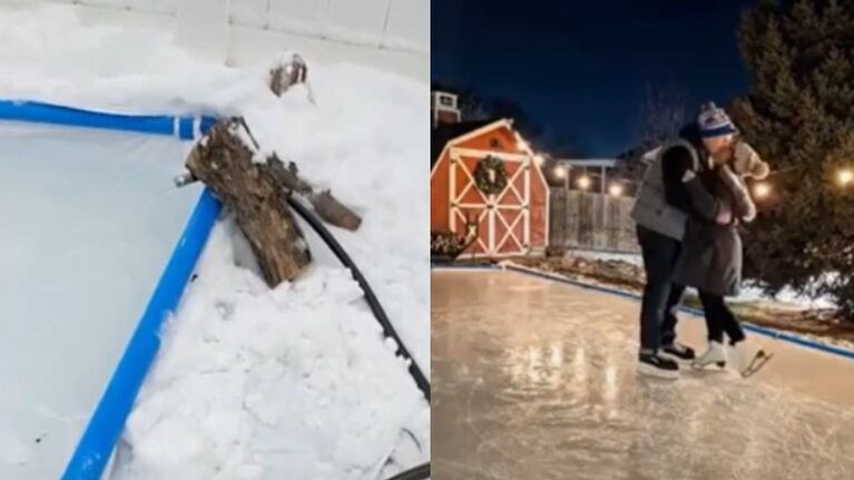 Construyen una pista de hielo en la piscina del jardín