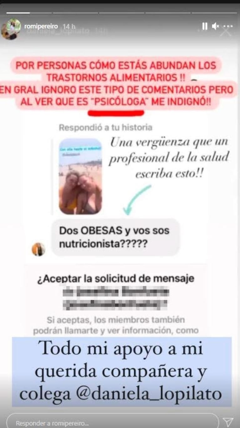 Contundente apoyo de Romina Pereiro a Daniela Lopilato luego del comentario agresivo que recibió: "No está bueno opinar sobre el cuerpo de los demás"