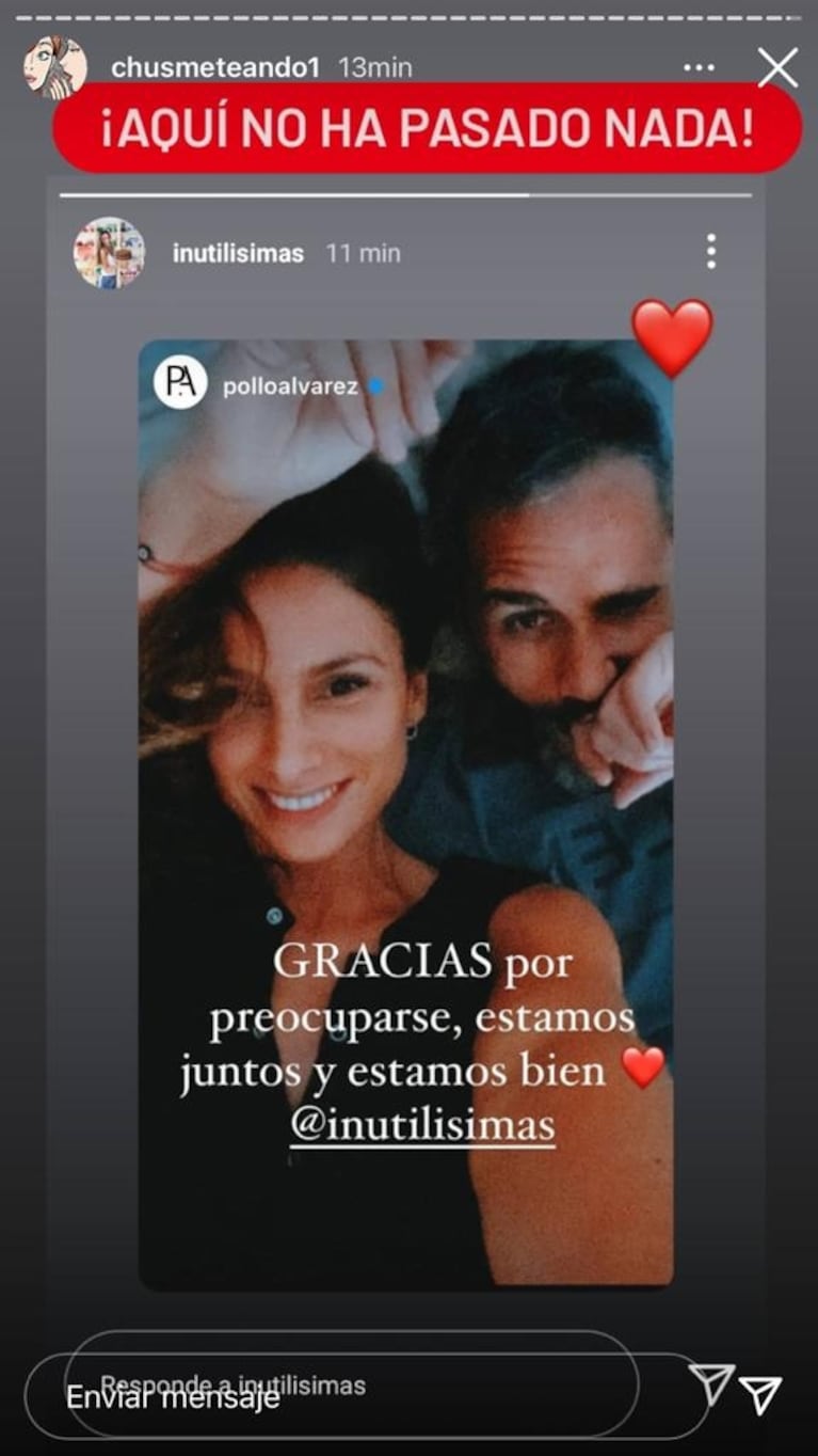 Contundente mensaje y foto del Pollo Álvarez en medio de los rumores de separación con Tefi Russo: "Estamos juntos y bien"