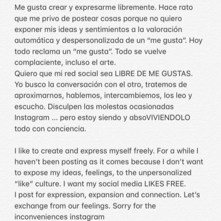 Contundente posteo de Calu Rivero donde discute el uso de Instagram: "Hoy todo reclama un ‘me gusta’"