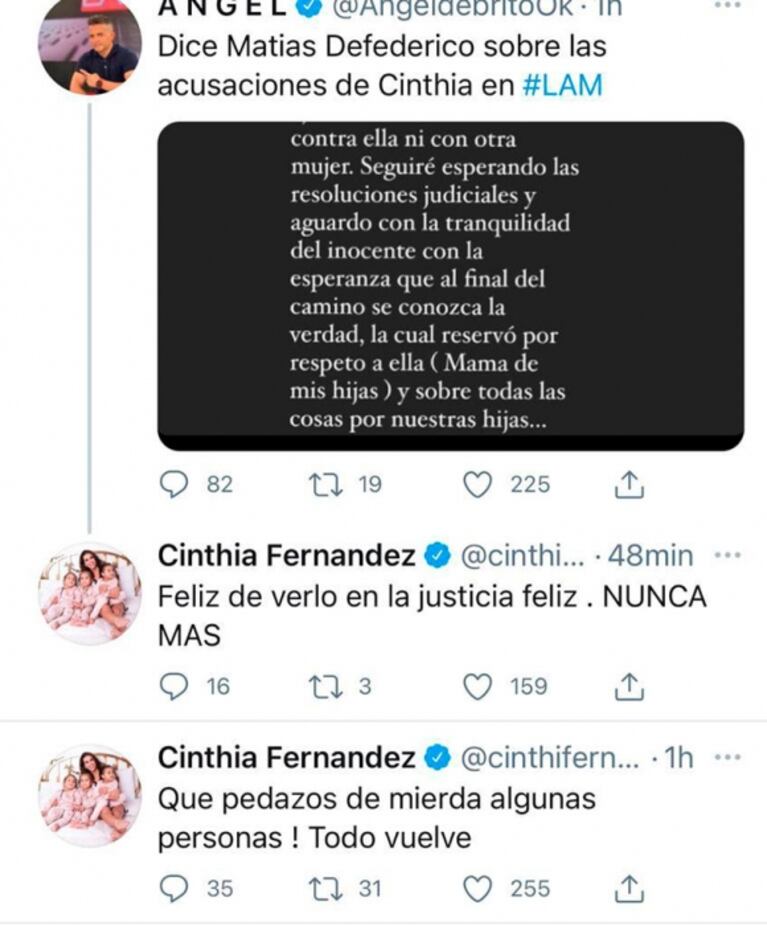 Contundente reacción de Cinthia Fernández tras el descargo de Matías Defederico sobre la violencia de género: "Nunca más"