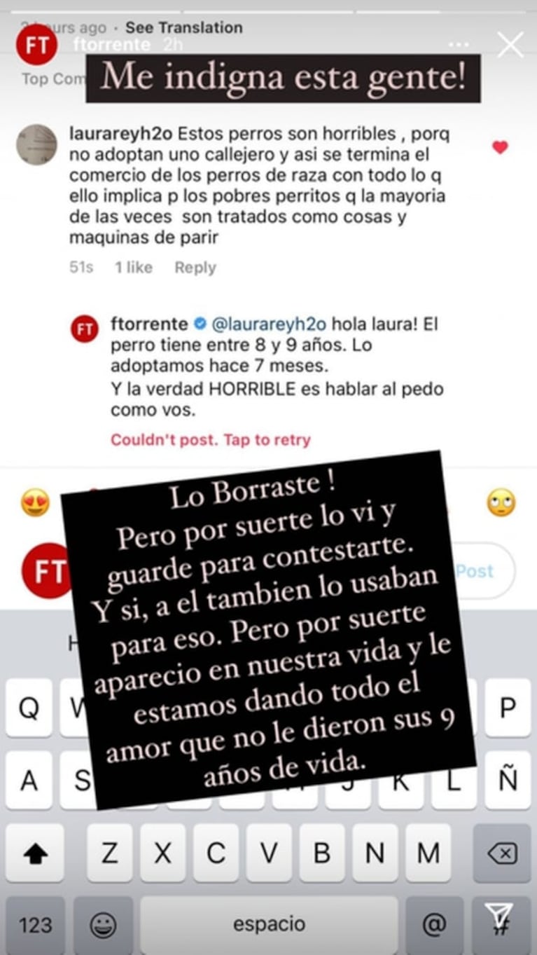 Contundente reacción de Flor Torrente contra una seguidora que criticó a su perro: "Me indigna esta gente"
