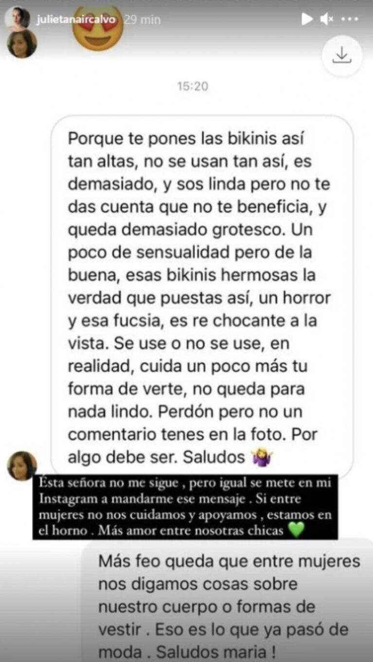 Contundente reacción de Julieta Nair Calvo a una usuaria que criticó sus looks en bikini : "Más amor entre nosotras, chicas"