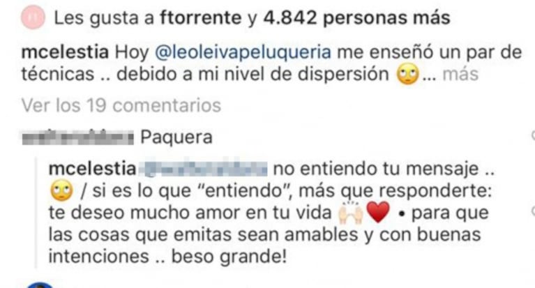 Contundente respuesta de Celeste Cid cuando un usuario la llamó 'paquera': "Te deseo mucho amor en tu vida"