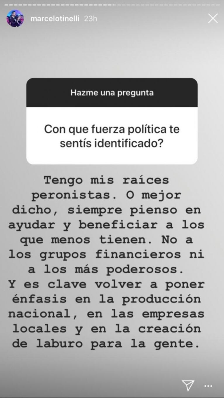 Contundente respuesta de Tinelli cuando le preguntaron con qué fuerza política se identifica: "Tengo raíces peronistas"