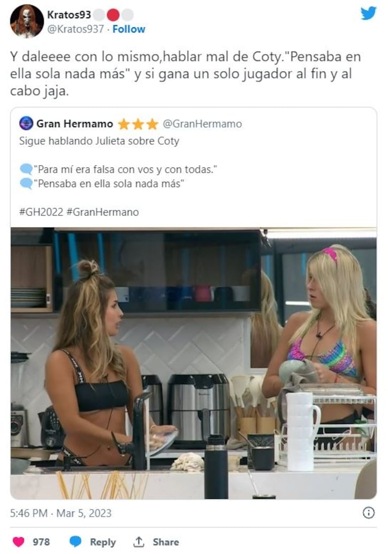 Coti Romero estalló al ver a Julieta Poggio criticándola dentro de la casa de Gran Hermano 2022: "Caretas"