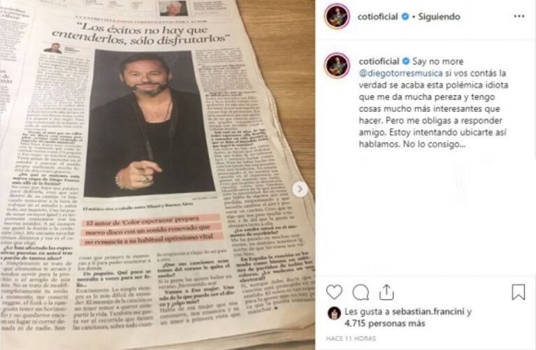Coti Sorokin, al cruce de Diego Torres por Color esperanza: "Hizo infinidad de notas dando a entender que la escribió él, y me cansé"