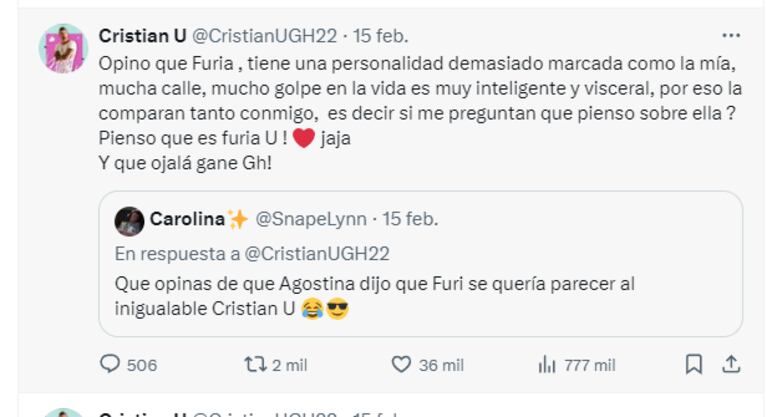 Cristian U eligió a su favorita para ganar Gran Hermano y sorprendió a todos