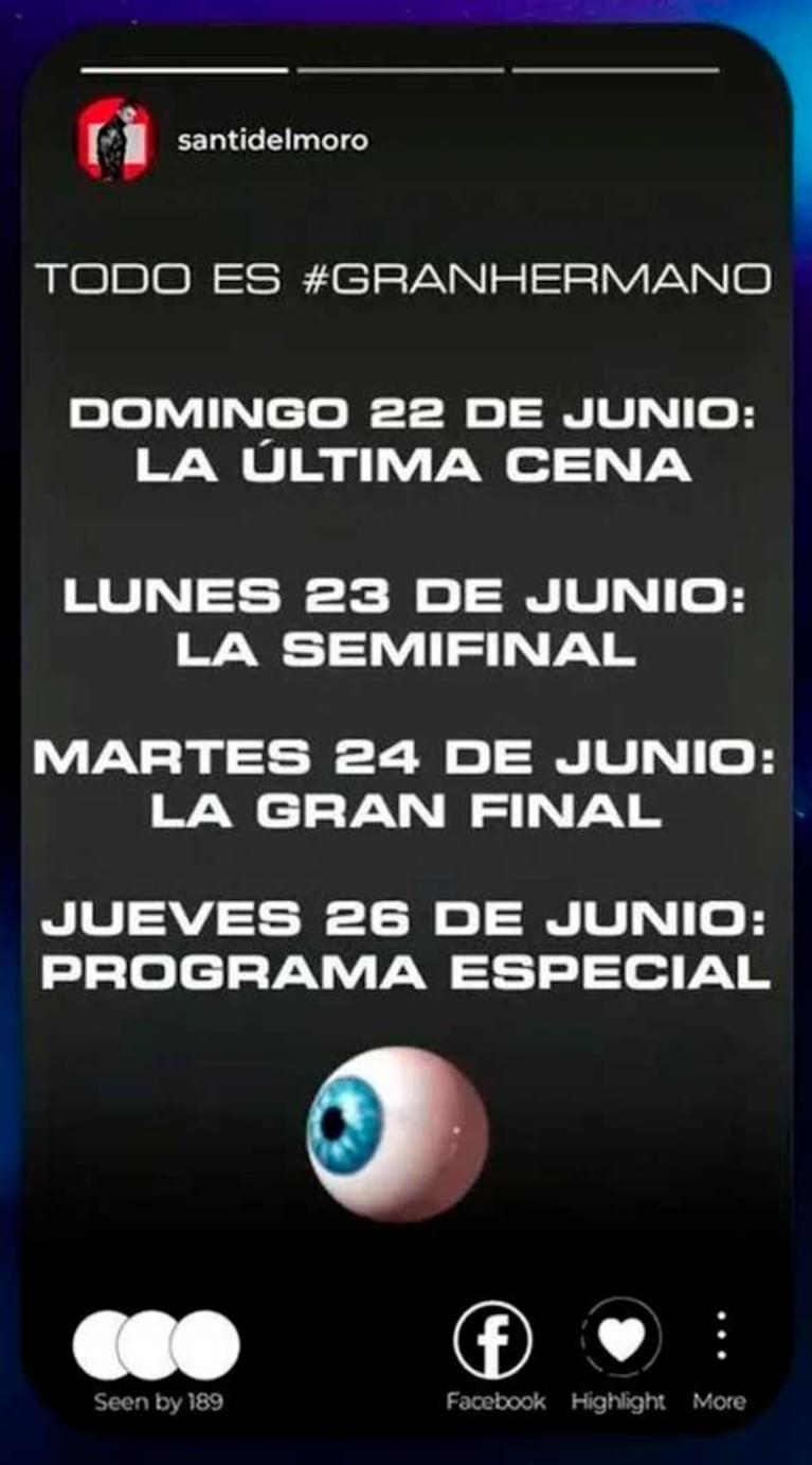 Cronograma de la semana final de Gran Hermano 2025 (Foto: Instagram @santidelmoro)
