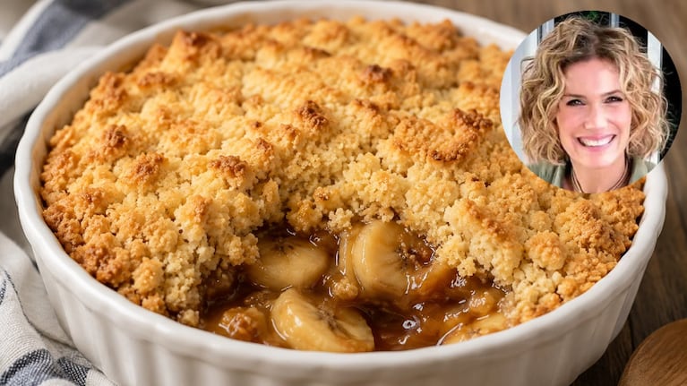 Crumble de banana y dulce de leche de Maru Botana. Foto: montaje