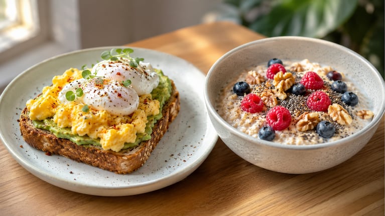 Cuál es el mejor alimento para un desayuno nutritivo que mejore el día: huevos o avena. Foto: IA