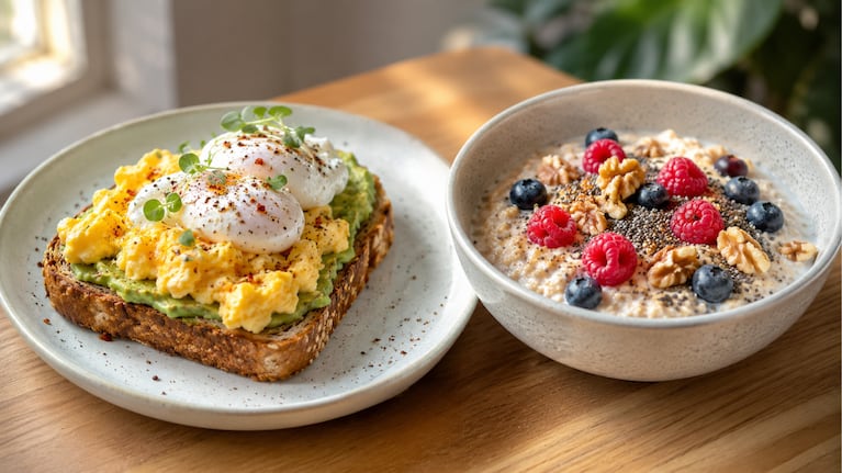 Cuál es el mejor alimento para un desayuno nutritivo que mejore el día: huevos o avena. Foto: IA