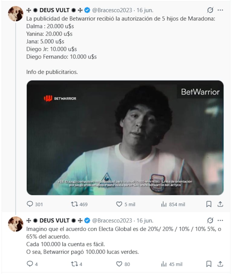 Cuánto habría cobrado cada hijo de Diego Maradona por la publicidad con IA para un sitio de apuestas.