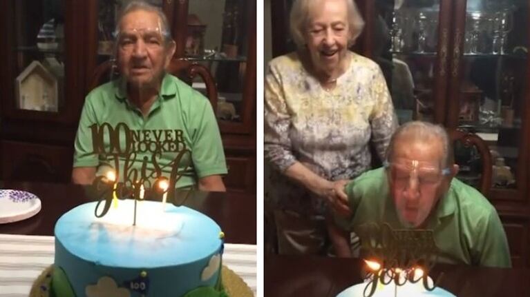 Cumpleaños en tiempos de pandemia: Este abuelo de 100 años intenta soplar las velas con una pantalla facial puesta