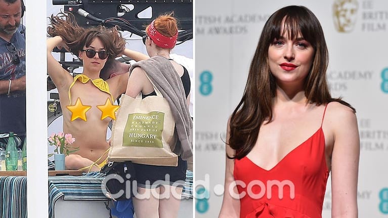 Dakota Johnson, en toples en pleno rodaje de la tercera película de Las Cincuenta Sobras de Grey. (Foto: Grosby Group - AFP)