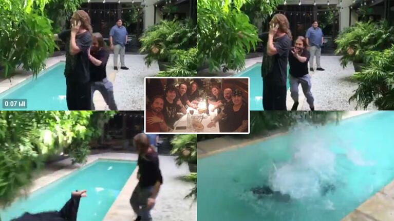 ¡Dale play! La broma pesada a Fher de Maná: empujón, piletazo y exabrupto. Foto: Web