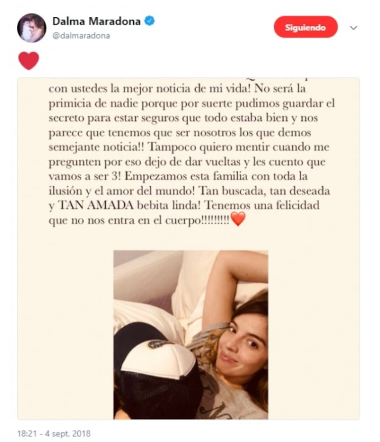 Dalma Maradona anunció su embarazo con Andrés Caldarelli: "Tan buscada y tan amada, bebita linda"