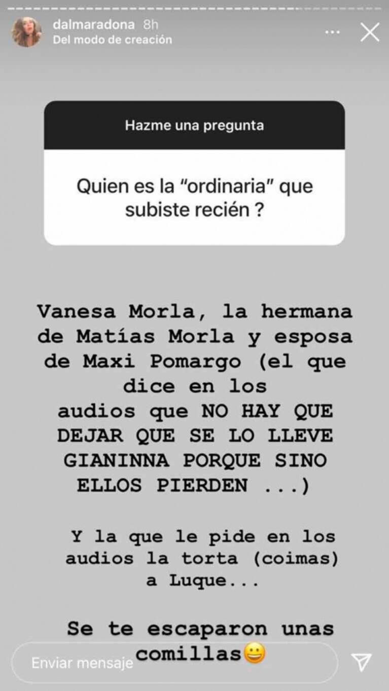 Dalma Maradona apuntó contra cada uno de los polémicos integrantes del entorno de Diego Maradona: "Les deseo lo que le hicieron a mi papá"
